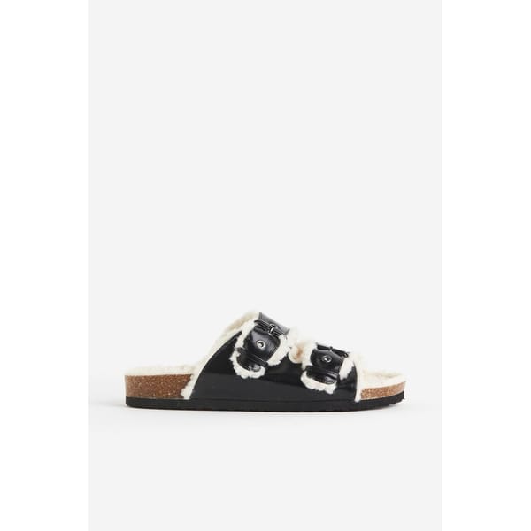 white teddy lined black strap slippers