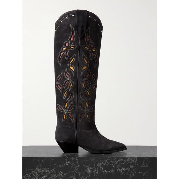 Denvee cutout embroidered leather-trimmed suede knee boots