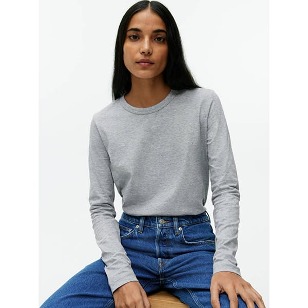 model wears grey long sleeved tshirt