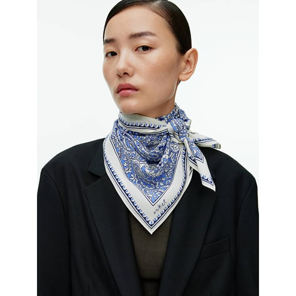 model wearing blue and white Printed Silk Scarf