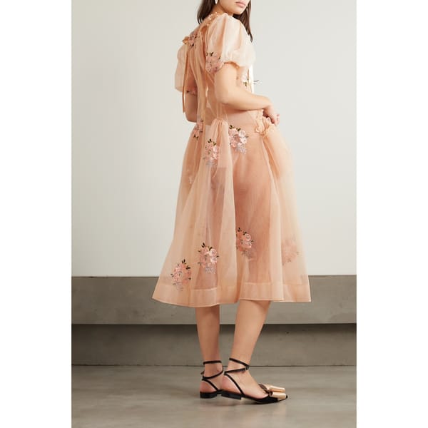 model wears pink Satin-trimmed cutout embroidered tulle midi dress