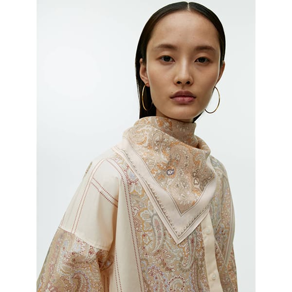 model wears Triangle Silk Scarf