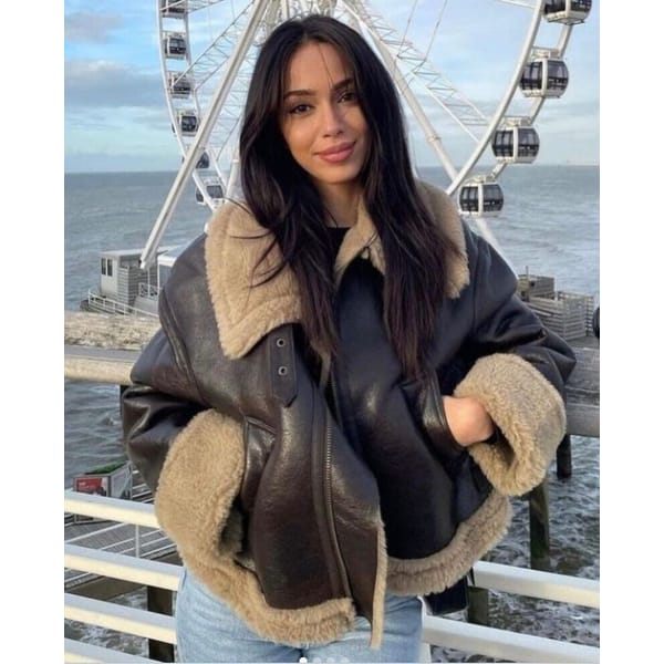model wearing shearling jacket