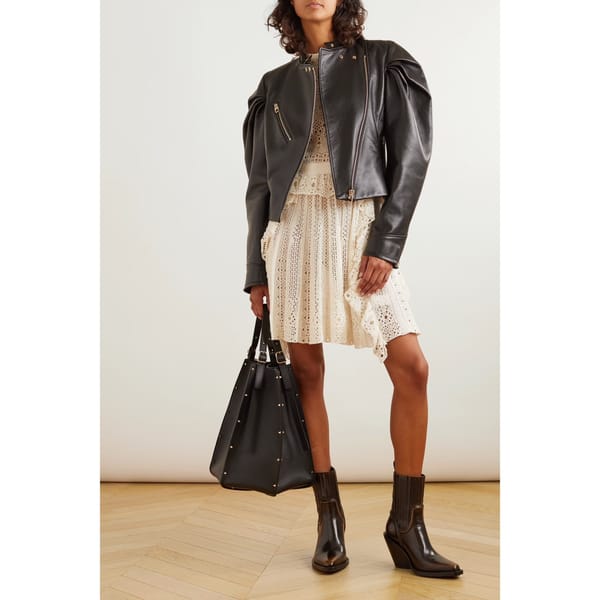 model wears Asymmetric gathered leather biker jacket