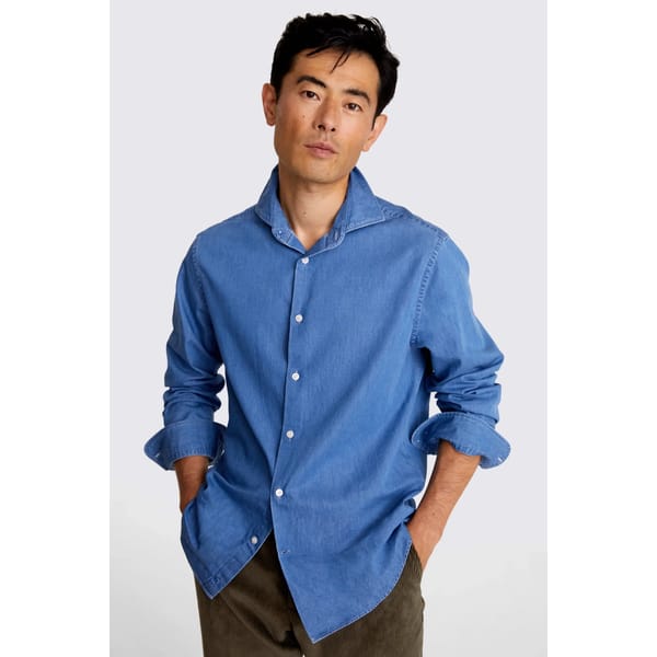 male model wears Blue Denim Shirt