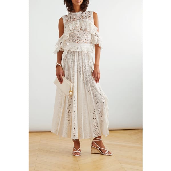 Cold-shoulder ruffled broderie anglaise linen, cashmere and silk-blend top