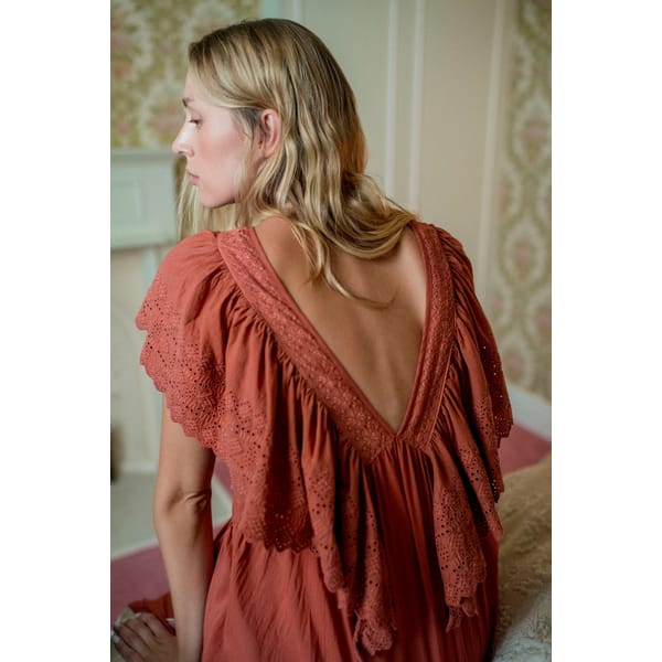 model from back in terracotta low back dress