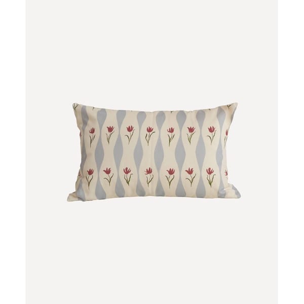 blue and red tulip print cushion