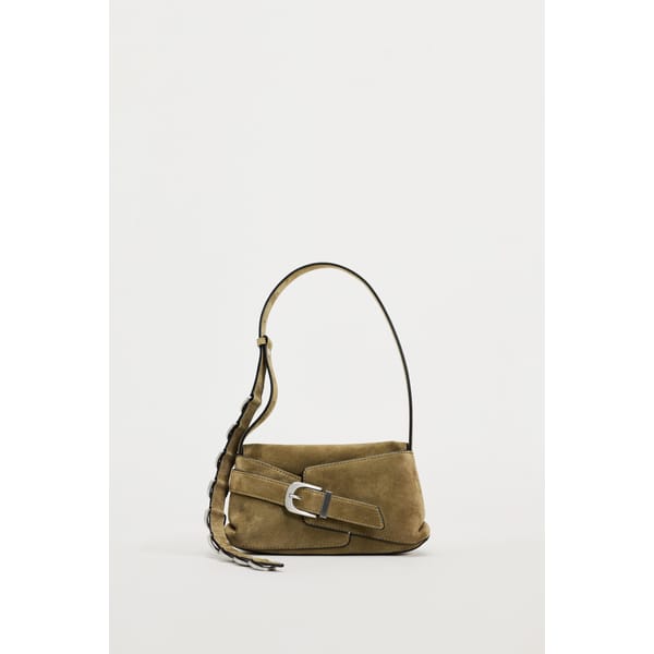 khaki suede mini bag with buckles