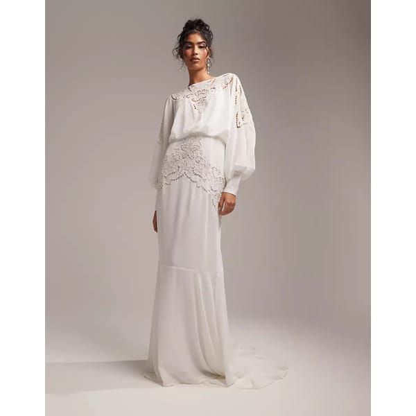 ASOS DESIGN Ella blouson sleeve beaded cutwork wedding dress in cream