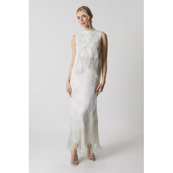 model wearing Premium Organza Overlay Beaded Fringe Column Wedding Dress