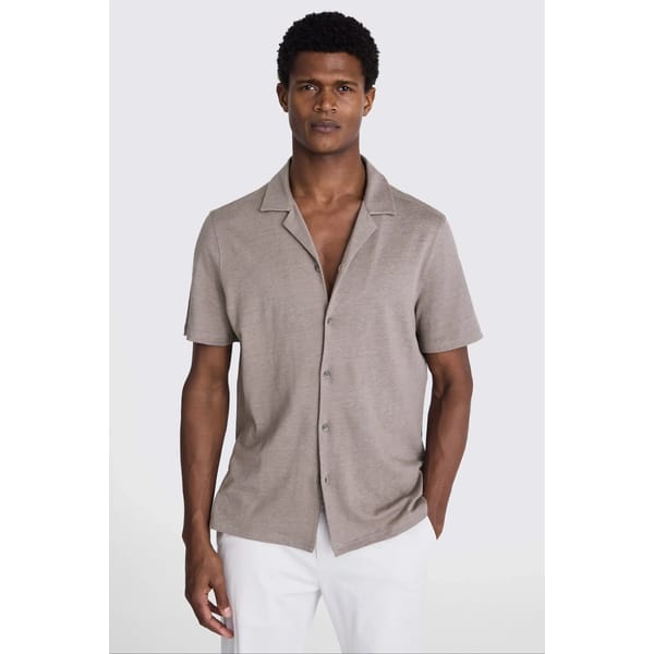 Dark Taupe Linen Blend Knitted Cuban Collar Shirt