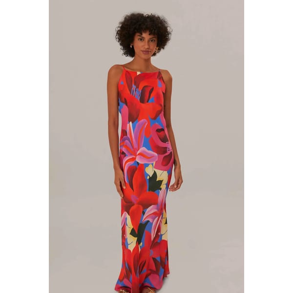 model wearing bright pink Watercolor Floral Blue Slip Dress