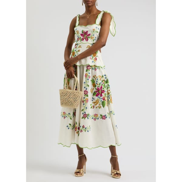 model wearing white FARM RIO Tropical Romance floral-embroidered linen-blend midi dress