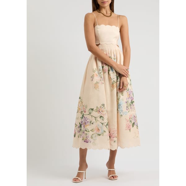 model wears Halliday floral-print linen midi dress