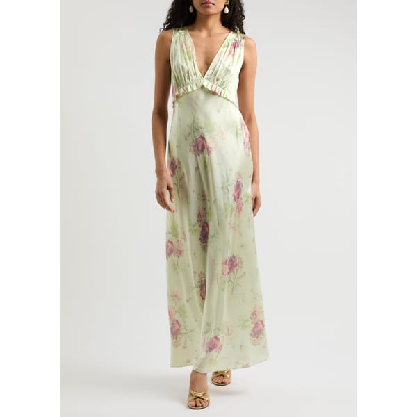 model wearing pale green HN LOVESHACKFANCY New Season Suniva floral-print silk maxi dress