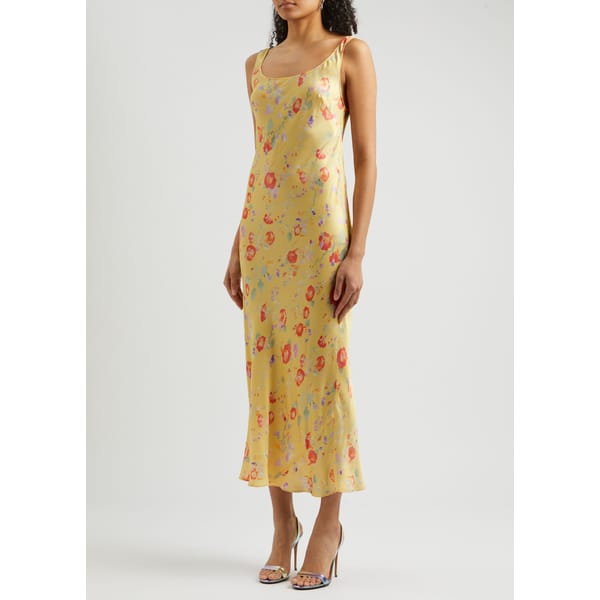 model in yellow rixo floral print dress