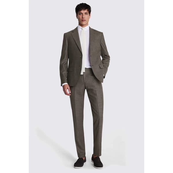 male moel wears Italian Tailored Fit Brown Suit
