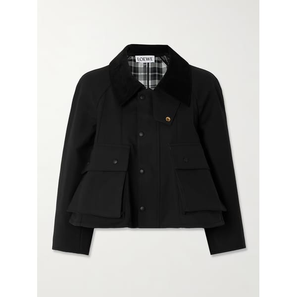 black Cropped corduroy-trimmed waxed cotton-canvas jacket