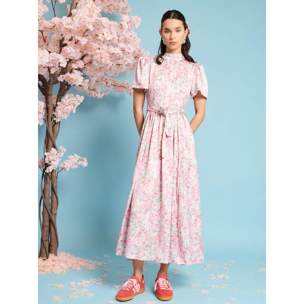 model in pink SISTER JANE Kanzan Floral Midi Dress
