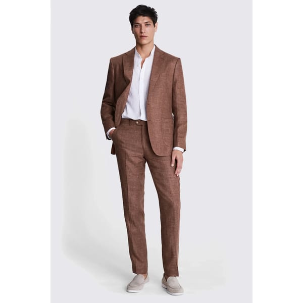 male model wears Tailored Fit Copper Linen Suit