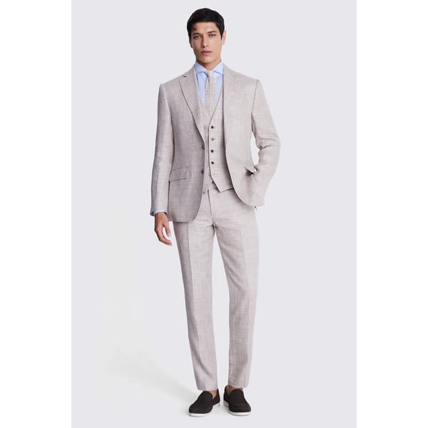 male model wears Tailored Fit Oatmeal Linen Suit