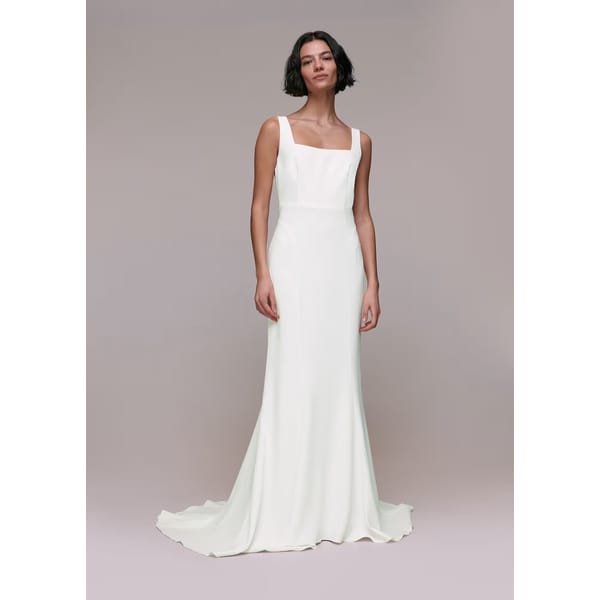 model wears WHISTLES Mia Square Neck Wedding Dress