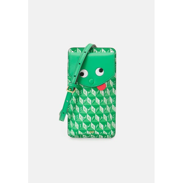 green iphone case with cartoon face and strap