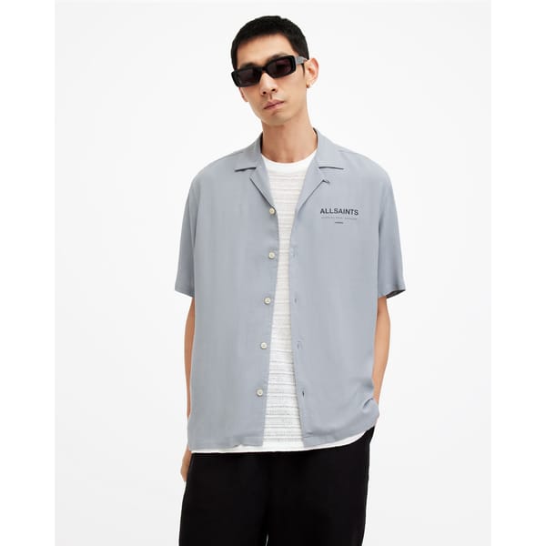 male model wearing pale blue cuban shirt