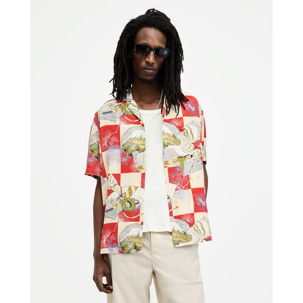 model wearing ALLASAINTS Sebastian Floral Print Relaxed Fit Shirt