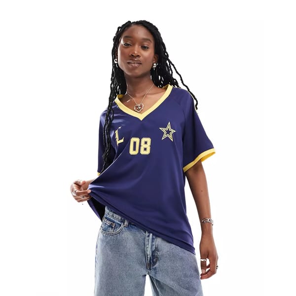 asos Lioness v neck sports jersey top in navy with yellow contrast trims