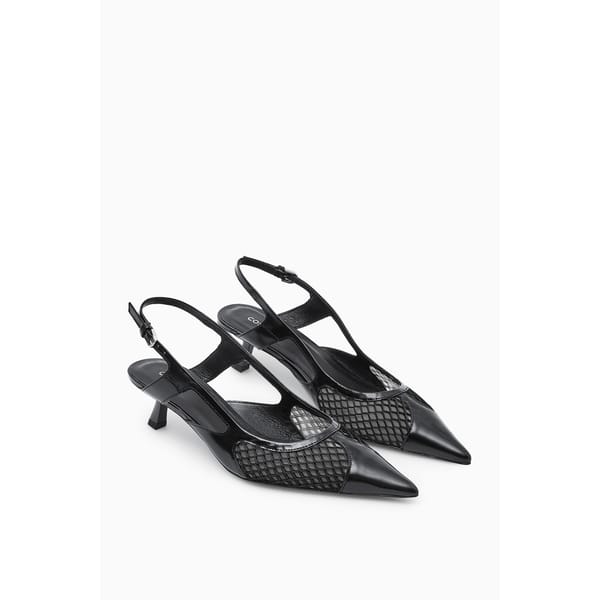 BLACK POINTED MESH SLINGBACK KITTEN HEELS