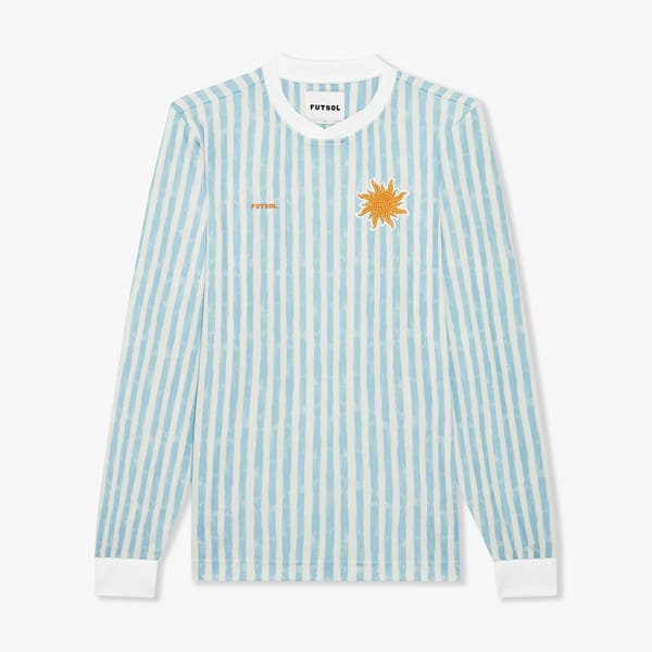 blue and white stripe football shirt with sun logo
