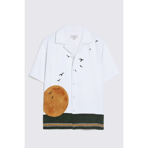 Off White & Green Sun Print Cuban Collar Shirt
