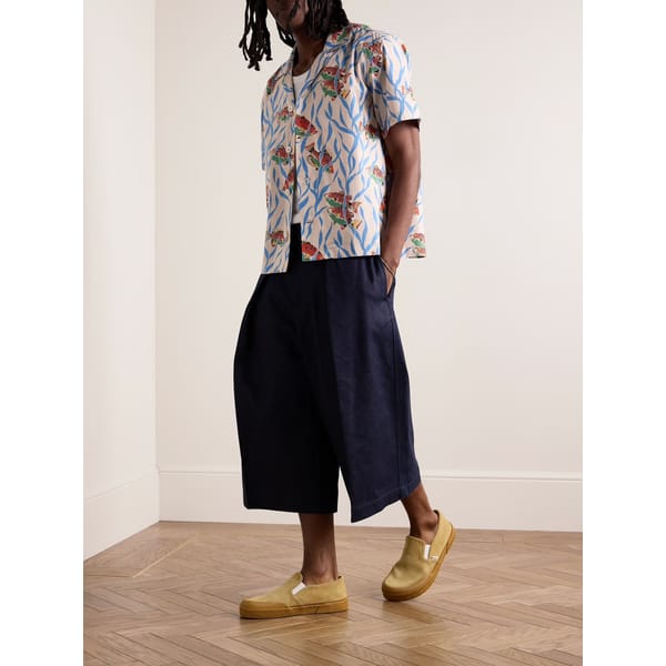model wearing MR P BODE Swimmers Camp-Collar Printed Cotton Shirt