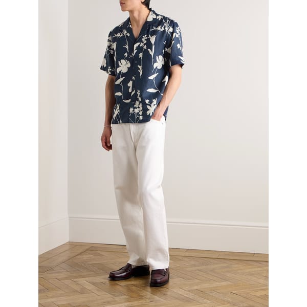 male model wears blue and white CLUB MONACO Convertible-Collar Floral-Print Linen Shirt £130