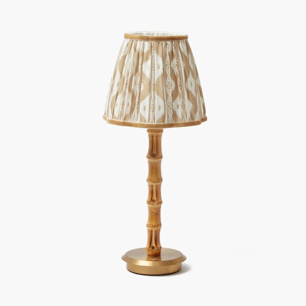 RECHARGEABLE BAMBOO LAMP WITH PUTTY IKAT SHADE (18CM)