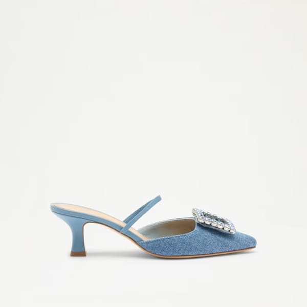 FAIRYTALE Gem Buckle Kitten Heel in blue denim