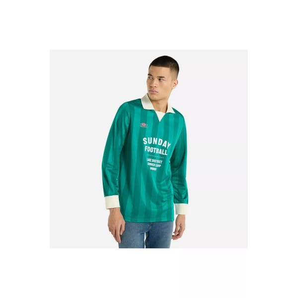 male model wears green stripe Umbro Football Shirt