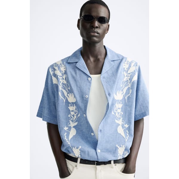 male model wearing blue ZARA FLORAL EMBROIDERY SHIRT from zara