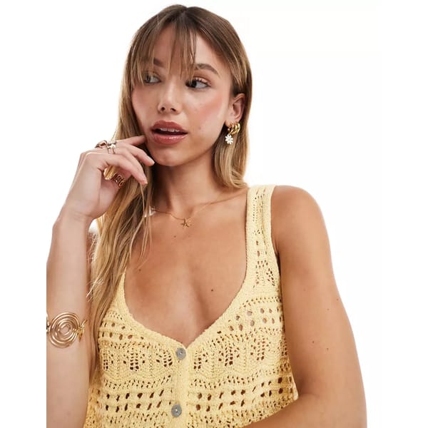 ASOS ASOS DESIGN knitted crop cami top in pointelle stitch and textured yarn in lemon