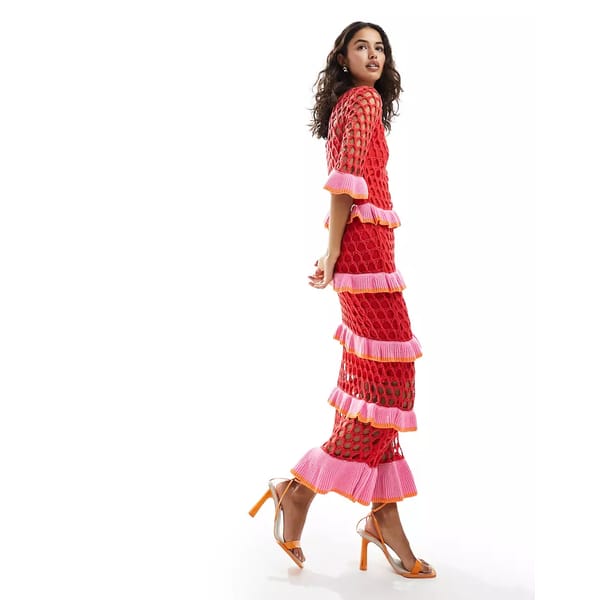 model wearing ASOS Never Fully Dressed contrast crochet maxi dress in red and pink