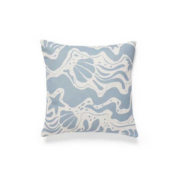 blue and white shell print cushion
