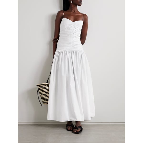 model wears white Gathered organic cotton midi dress