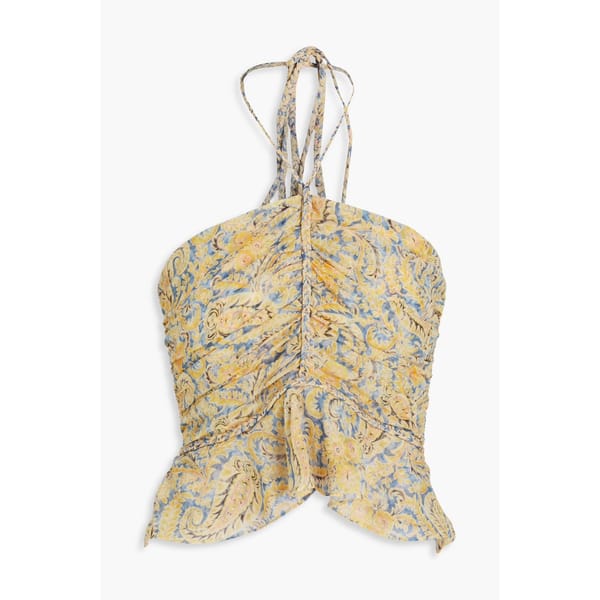 VERONICA BEARD yellow and green Arienne ruched paisley-print silk-chiffon halterneck top