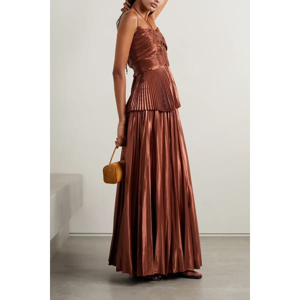 Model wears rust ALTUZARRA Justin cutout plissé-lamé halterneck top