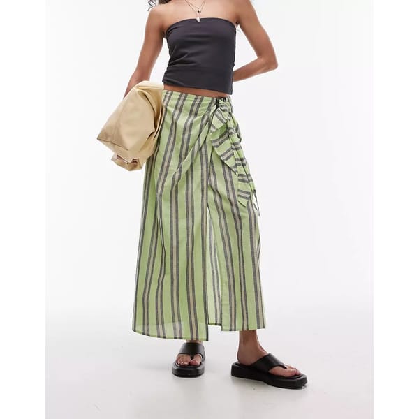 model wearing Topshop stripe sarong with buckle in green