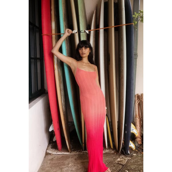 model wearing Knitted Ombre Maxi Dress in pink