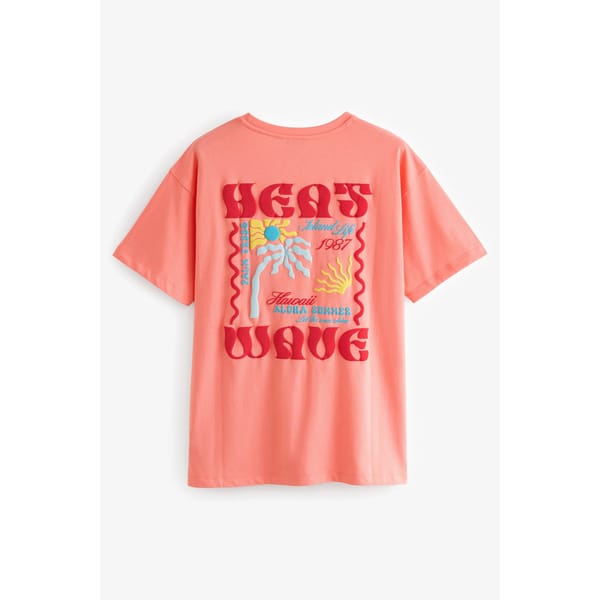next Coral Pink Relaxed Fit 100% Cotton Heatwave Summer Back Graphic T-Shirt