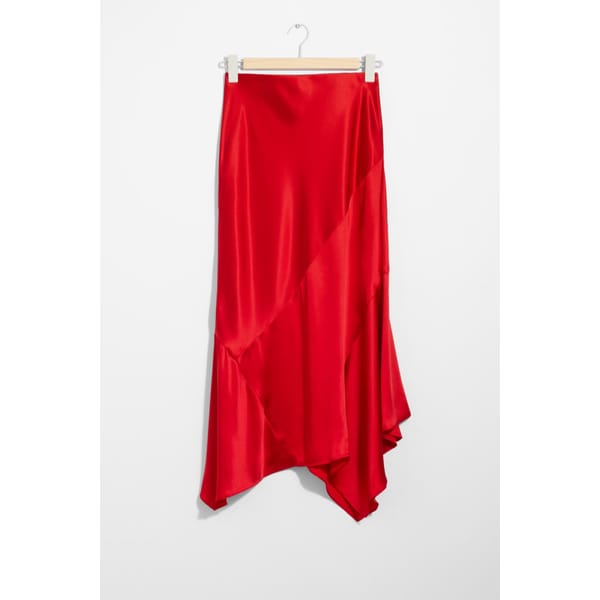 red & OTHER STORIES Asymmetric Satin Midi Skirt copy
